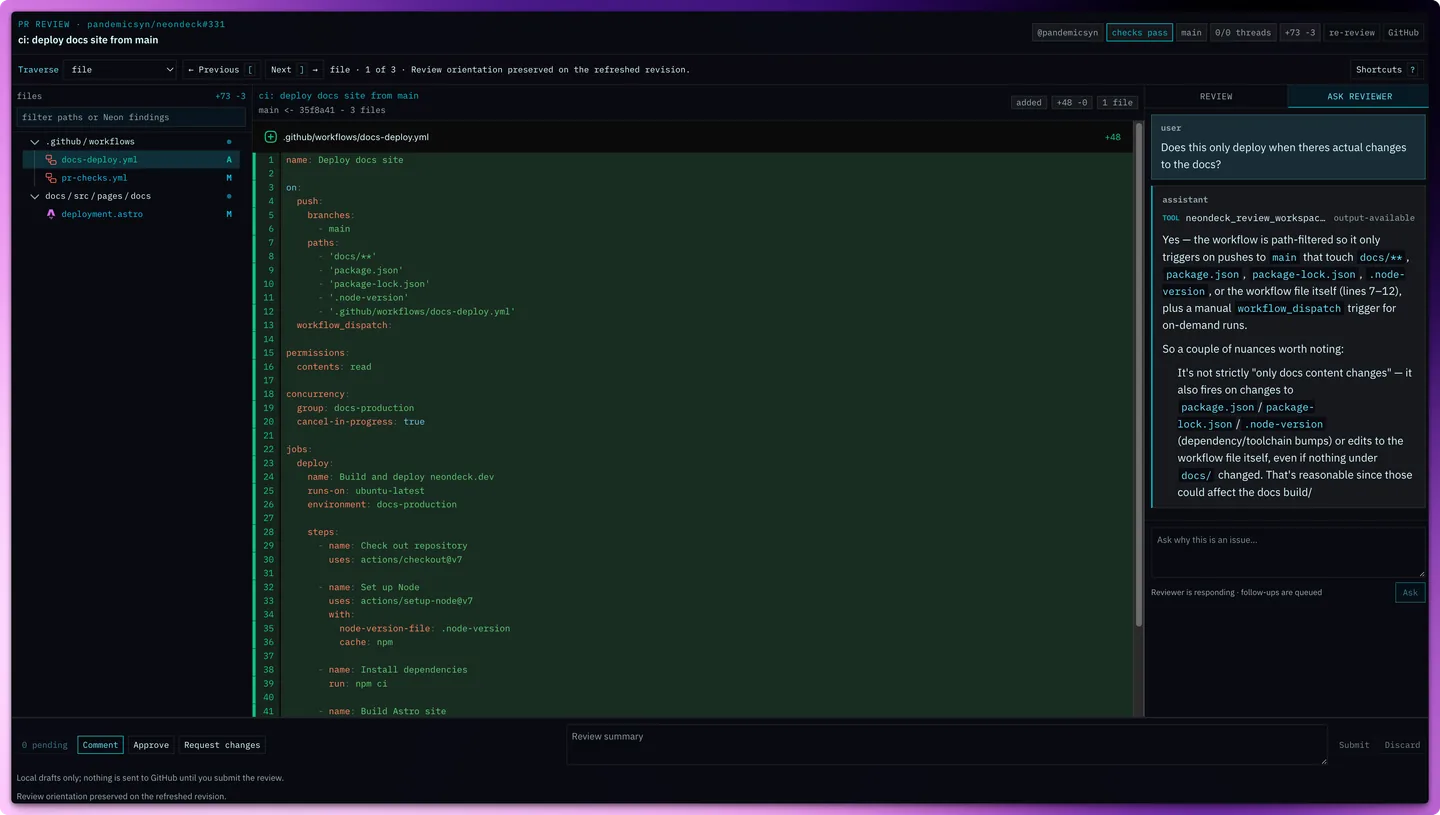 Neondeck PR diff workbench with an AI reviewer conversation