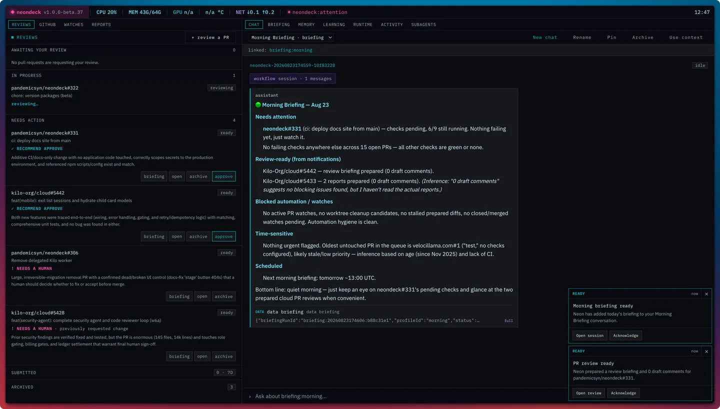 Neondeck dashboard with a morning briefing and PR review queue
