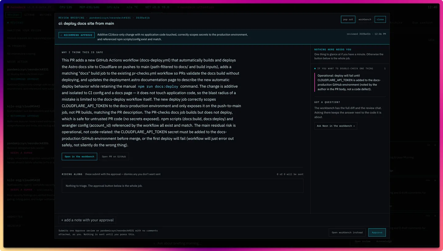 Neondeck PR briefing modal with an approve recommendation